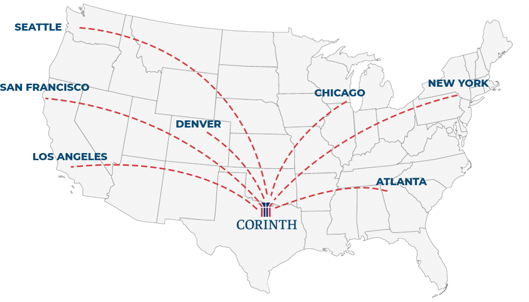 Map of US with major city routes to Corinth Texas