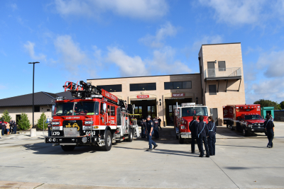 Fire Station 3 with Trucks Parked out Front
